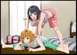  2girls :q absurdres bag bangs barefoot bed bedroom black_border black_eyes black_hair blonde_hair border breasts cellphone commentary_request covered_nipples downblouse eyebrows_visible_through_hair feet futon green_eyes hands_on_another&#039;s_shoulders hanging_breasts highres indoors jijo_(kakitama) kakitama large_breasts leaning_forward looking_at_another looking_at_phone medium_breasts medium_hair mole mole_on_breast multiple_girls nail_polish on_floor original pajamas patsukin_(kakitama) phone pink_nails pink_shorts shirt shirt_lift shorts sleepover smartphone smile spread_legs stretch t-shirt tank_top tongue tongue_out wooden_floor 