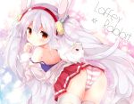  1girl animal animal_ears arched_back ass azur_lane bangs bare_shoulders bent_over blush character_name closed_mouth commentary_request eyebrows_visible_through_hair fur-trimmed_sleeves fur_trim fuuna_thise hair_between_eyes hair_ornament hairband hand_up jacket laffey_(azur_lane) long_hair long_sleeves looking_at_viewer looking_back off_shoulder panties pink_jacket pleated_skirt rabbit rabbit_ears red_eyes red_hairband red_skirt shoulder_blades silver_hair skirt solo star striped striped_panties thigh-highs twintails underwear very_long_hair white_legwear 