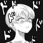  1girl blush constricted_pupils face freckles frown girls_und_panzer greyscale meis_(terameisu) monochrome naomi_(girls_und_panzer) open_mouth shirt short_hair solo translated v-shaped_eyebrows very_short_hair 