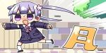  1girl chasing chibi commentary emphasis_lines flower formal hair_flower hair_ornament kanikama lowres monday new_game! personification purple_hair running solo standing standing_on_one_leg suit suzukaze_aoba sweat translated twintails violet_eyes 