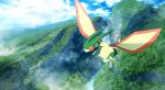  blue_eyes blue_sky claws clouds commentary_request day dragon flygon flying fog forest full_body gen_3_pokemon green_theme highres mountain nature no_humans outdoors pokemon pokemon_(creature) red_sclera ribero river scenery sky solo tree water waterfall wings 