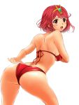  1girl ass back bad_id bad_pixiv_id bangs bikini breasts eyebrows_visible_through_hair highres pyra_(xenoblade) looking_back medium_breasts monolith_soft nintendo on_(ugammishyoura) open_mouth pyra_(xenoblade) red_bikini red_eyes redhead short_hair solo swept_bangs swimsuit tiara white_background xenoblade_(series) xenoblade_2 