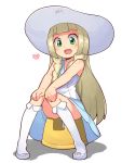  1girl bare_shoulders blonde_hair blush braid commentary_request convenient_leg dress eyebrows_visible_through_hair flat_chest fukurou_(owl222) full_body green_eyes hands_on_own_knees happy hat heart highres kneehighs knees_together_feet_apart lillie_(pokemon) long_hair open_mouth pigeon-toed pokemon pokemon_(game) pokemon_sm shiny shiny_hair shiny_skin shoes simple_background sitting sleeveless sleeveless_dress smile solo stool sun_hat tied_hair twin_braids white_background white_dress white_footwear white_headwear white_legwear 