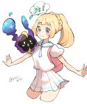  1girl artist_name backpack bad_id bad_pixiv_id bag blonde_hair blush blush_stickers braid closed_mouth cosmog cropped_legs french_braid green_eyes happy highres lillie_(pokemon) looking_to_the_side miniskirt open_mouth outstretched_arms pleated_skirt pokemon pokemon_(creature) pokemon_(game) pokemon_sm ponytail ririmon shirt short_sleeves signature simple_background skirt smile speech_bubble standing tied_hair twitter_username white_background white_shirt white_skirt 