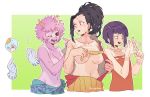  4girls ashido_mina bangs black_hair black_sclera blush boku_no_hero_academia border breasts collarbone gloves hagakure_tooru horns invisible jirou_kyouka jk_amlove large_breasts long_hair looking_at_another medium_breasts multiple_girls navel one_eye_closed open_mouth pink_hair pink_skin ponytail protected_link purple_hair short_hair simple_background small_breasts smile sweat tan tanline tied_hair twitter_username undressing white_border yaoyorozu_momo yellow_eyes 