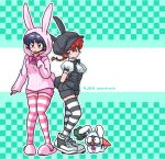  2girls :o animal_costume animal_hat animal_hood arms_behind_back artist_name bangs black_bow black_footwear black_hair black_legwear black_neckwear black_overalls blue_eyes bow bowtie braid brown_eyes bunny_costume bunny_hat bunny_hood bunny_tail cabbie_hat carrot checkered checkered_background closed_mouth commentary cross-laced_footwear fake_tail from_side genderswap genderswap_(mtf) green_background hat head_tilt hood hood_up light_frown long_hair long_sleeves looking_at_viewer multiple_girls overall_shorts overalls p-chan parted_lips pig pink_footwear pink_legwear pink_neckwear pink_shorts pink_sweater puffy_short_sleeves puffy_sleeves ranma-chan ranma_1/2 redhead saotome_ranma shirt shoes short_hair short_shorts short_sleeves shorts signature single_braid slippers sneakers standing striped striped_legwear sweater tail tendou_akane thigh-highs twitter_username wanta_(futoshi) white_shirt zettai_ryouiki 
