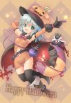  1girl aqua_hair armpits belt boots cape cat commentary_request detached_sleeves eyeball gloves green_eyes halloween hat heart heart_of_string jack-o&#039;-lantern kaenbyou_rin kaenbyou_rin_(cat) komeiji_koishi kurogarasu navel navel_cutout panties panty_peek pumpkin_hat reiuji_utsuho reiuji_utsuho_(bird) short_hair thigh-highs third_eye touhou underwear witch_hat 