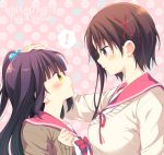  2girls blush brown_eyes brown_hair from_side hagino_chiaki hair_ornament hand_on_another&#039;s_head hinako_note looking_at_another march-bunny multiple_girls nakajima_yua polka_dot polka_dot_background profile school_uniform short_hair_with_long_locks sidelocks simple_background smile x_hair_ornament yellow_eyes yuri 