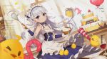  1girl absurdres apron azur_lane balloon belchan_(azur_lane) belfast_(azur_lane) blush breasts cake collarbone cup drinking_glass food highres lavender_hair long_hair looking_at_viewer maid_headdress manjuu_(azur_lane) moonofmonster sleeveless small_breasts solo violet_eyes whisking wine_glass 
