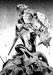  armor armored_boots blood boots death defeat disembodied_head fuse_ryuuta glowing glowing_eyes goblin goblin_slayer goblin_slayer! greyscale hair_pull helmet highres looking_at_viewer monochrome monster no_pupils nose open_mouth pants plume pointy_ears shield stepped_on sword weapon 