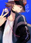  1boy artist_name backpack bad_id bad_pixiv_id bag baseball_cap black_jacket blue_background brown_eyes brown_hair collarbone copyright_name hand_up hat headphones highres holding holding_poke_ball jacket long_sleeves male_focus open_mouth poke_ball poke_ball_(generic) poke_ball_theme pokemon pokemon_(game) pokemon_bw red_headwear ririmon shirt signature simple_background solo standing teeth touya_(pokemon) twitter_username upper_body white_shirt 