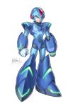  1boy absurdres android arm_cannon clenched_hand commentary_request full_body gloves green_eyes helmet hi-go! highres male_focus protected_link rockman rockman_x signature simple_background solo standing weapon white_background white_gloves x_(rockman) 