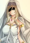  1girl absurdres armlet black_blindfold blindfold blonde_hair breasts cape collarbone dress facing_viewer gem goblin_slayer! gold highres jewelry large_breasts long_hair necklace sideboob smile solo sword_maiden the_only_shoe upper_body veil white_cape white_dress 