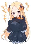  1girl abigail_williams_(fate/grand_order) bangs black_bow black_dress black_headwear blonde_hair blue_eyes blush bow commentary_request dress fate/grand_order fate_(series) forehead hair_bow hat highres long_hair orange_bow parted_bangs purple_bow red_eyes shiromanta sleeves_past_fingers sleeves_past_wrists solo top_hat translated very_long_hair white_skin 