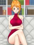  1girl alternate_costume alternate_hairstyle arm_tattoo blush bookshelf breasts brown_eyes commentary_request couch crossed_arms crossed_legs dress earrings eyelashes hair_up halter_dress halterneck himumu_(cyah7528) jewelry large_breasts light_smile nami_(one_piece) one_piece orange_hair red_dress short_dress sitting sleeveless sleeveless_dress solo tattoo 