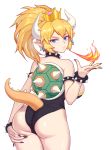  1girl absurdres ass ass_grab bare_shoulders black_collar black_leotard black_nails blonde_hair blue_earrings blue_eyes bowsette bracelet breasts breathing_fire collar crown deep_skin earrings fingernails fire from_behind high_ponytail highres horns jewelry large_breasts leotard long_hair looking_at_viewer super_mario_bros. nail_polish new_super_mario_bros._u_deluxe pointy_ears sharp_fingernails shiny shiny_hair shiny_skin sideboob solo spiked_armlet spiked_bracelet spiked_collar spiked_shell spiked_tail spikes strapless strapless_leotard super_crown tail turtle_shell yuanye 