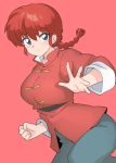  1girl bangs black_pants blue_eyes braid chinese_clothes clenched_hand closed_mouth commentary cowboy_shot eyebrows_visible_through_hair fighting_stance genderswap genderswap_(mtf) long_hair long_sleeves looking_at_viewer mobu pants ranma-chan ranma_1/2 red_background red_shirt redhead saotome_ranma sash shirt single_braid smile solo standing tangzhuang 