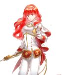  1girl aiguillette arm_at_side bangs cape celica_(fire_emblem) cowboy_shot earrings fire_emblem fire_emblem_echoes:_shadows_of_valentia futabaaf gloves hairband holding holding_sword holding_weapon jewelry long_hair long_sleeves looking_at_viewer pants red_cape red_eyes redhead simple_background solo spot_color sword tassel two-sided_cape two-sided_fabric weapon white_background white_cape white_pants 