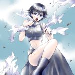  1girl bare_arms bare_shoulders black_footwear black_hair blue_eyes breasts chinese_clothes clouds crop_top hair_between_eyes highres houshin_engi leg_up long_eyelashes midriff navel open_mouth ou_kijin pelvic_curtain short_hair solo suji torn 