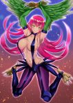  1girl armpits arms_up bangs bare_shoulders blush breasts claws closed_mouth commentary_request duel_monster fang feathered_wings full_body gradient gradient_background green_eyes hair_between_eyes harpie_lady harpy highres large_breasts legs_apart long_hair looking_at_viewer monster_girl navel pink_hair pointy_ears purple_legwear shiny shiny_skin slingshot_swimsuit smile solo stomach swimsuit takecha talons very_long_hair wings yuu-gi-ou 