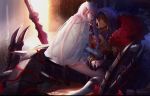  1boy 1girl aora backlighting bare_chest blurry blurry_foreground boots cape chest_tattoo commentary_request cu_chulainn_alter_(fate/grand_order) dark depth_of_field earrings facial_mark facial_tattoo fantasy fate/grand_order fate_(series) gae_bolg girl_on_top gloves glowing glowing_eyes highres hood jewelry knee_boots lancer long_hair looking_at_another medb_(fate)_(all) medb_(fate/grand_order) pink_hair red_eyes sepia sharp_teeth signature sitting skirt smile spikes tattoo teeth tiara walk-in white_cape white_footwear white_gloves white_skirt yellow_eyes 