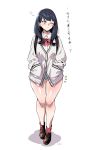  1girl 3; ass_visible_through_thighs back black_hair blue_panties blush f.w.zholic hands_in_pockets highres loafers long_hair neck_ribbon no_pants one_eye_closed panties red_legwear ribbon school_uniform shoes simple_background socks solo ssss.gridman takarada_rikka tears translated underwear violet_eyes white_background 