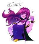 1girl amiriari blush bracelet breasts deltarune english_text hair_over_eyes highres humanization jewelry long_hair looking_at_viewer pink_scarf scarf simple_background smile solo susie_(deltarune) white_background yellow_eyes
