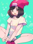  1girl bad_id bad_pixiv_id beanie black_eyes black_hair blush blush_stickers breasts floral_print green_background green_shorts hat highres indian_style looking_to_the_side mizuki_(pokemon) open_mouth poke_ball_symbol poke_ball_theme pokemon pokemon_(game) pokemon_sm red_footwear red_headwear ririmon shirt shoes short_hair short_shorts short_sleeves shorts simple_background sitting small_breasts solo sparkle spread_legs tied_shirt yellow_shirt 