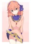  1girl blush brown_eyes closed_mouth commentary_request curly_hair dress dress_lift fire_emblem fire_emblem_echoes:_mou_hitori_no_eiyuuou hairband highres jenny_(fire_emblem) jewelry lifted_by_self long_sleeves necklace panties pink_dress pink_hair shiyo_yoyoyo simple_background smile solo underwear white_panties 