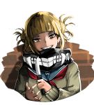  1girl bangs blonde_hair blunt_bangs boku_no_hero_academia double_bun fitz_(fita_is_the_smartest) grey_sweater grin head_tilt highres holding holding_knife knife looking_at_viewer neckerchief red_neckwear sailor_collar school_uniform serafuku short_hair sidelocks simple_background smile solo sweater tied_hair toga_himiko upper_body white_background yellow_eyes 