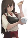  1girl air_kon akagi_(kantai_collection) bowl brown_eyes brown_hair closed_mouth commentary dated food food_on_face hakama hakama_skirt japanese_clothes kantai_collection long_hair looking_at_viewer muneate nontraditional_miko rice rice_bowl rice_on_face rice_spoon simple_background solo straight_hair tasuki translated white_background 