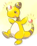  ampharos arms_up artist_name black_eyes blush forehead_jewel full_body gen_2_pokemon glowing happy leg_up no_humans open_mouth pokemon pokemon_(creature) shiny shiny_skin signature simple_background smile solo standing standing_on_one_leg tail tansho yellow_background 