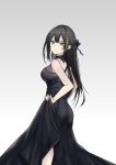  1girl alternate_costume ass bangs bare_shoulders black_dress blue_ribbon breasts brown_eyes brown_hair closed_mouth disconnected_mouth dress eyebrows_visible_through_hair from_side girls_frontline gradient gradient_background green_hair hair_between_eyes hair_ribbon halter_dress highres lifted_by_self long_hair looking_at_viewer m4a1_(girls_frontline) medium_breasts multicolored_hair pale_skin ribbon sidelocks simple_background skirt_hold smile streaked_hair two-tone_hair yuuki_mix 