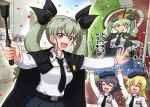  3girls anchovy anzio_(emblem) anzio_school_uniform arm_up bangs banner belt beret black_belt black_cape black_hair black_headwear black_neckwear black_ribbon black_skirt blonde_hair blue_sky blush_stickers braid building cape carpaccio closed_eyes clouds cloudy_sky commentary confetti dress_shirt drill_hair emblem eyebrows_visible_through_hair girls_und_panzer green_hair hair_ribbon hat holding italian_flag long_hair long_sleeves looking_at_viewer miniskirt multiple_girls necktie omachi_(slabco) open_mouth outstretched_arms pepperoni_(girls_und_panzer) pleated_skirt red_eyes ribbon riding_crop school_uniform shirt short_hair side_braid skirt sky smile spread_arms standing translated twin_drills twintails white_shirt 