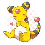  ampharos artist_name blush blush_stickers closed_eyes closed_mouth commentary_request forehead_jewel full_body hands_together hands_up happy heart no_humans pokemon pokemon_(creature) polka_dot polka_dot_background shiny shiny_skin signature simple_background sitting smile solo tansho 