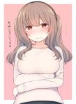  ... 1girl bangs blush breasts closed_mouth commentary crossed_arms eyebrows_visible_through_hair fang fang_out grey_sweater hairband large_breasts long_sleeves looking_at_viewer nekoume original pink_background red_eyes simple_background solo standing sweater translated twintails upper_body 