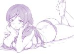  1girl ass barefoot blush bra breasts chin_rest deyuuku eyebrows_visible_through_hair feet_up hair_ornament hair_scrunchie large_breasts long_hair looking_at_viewer love_live! love_live!_school_idol_project lying monochrome on_stomach panties purple_theme scrunchie smile solo the_pose toujou_nozomi underwear underwear_only 