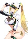  1girl absurdres artoria_pendragon_(all) bangs baseball_cap bikini black_bikini blonde_hair blush breasts closed_mouth cosplay cropped_jacket earrings fate/grand_order fate_(series) gloves harukon_(halcon) hat highres mythra_(xenoblade) jacket jewelry large_breasts long_hair looking_at_viewer mysterious_heroine_xx_(foreigner) mysterious_heroine_xx_(foreigner)_(cosplay) navel ponytail shrug_(clothing) sidelocks simple_background sitting smile solo swept_bangs swimsuit thigh_strap thighs very_long_hair white_background white_headwear white_jacket xenoblade_(series) xenoblade_2 yellow_eyes 