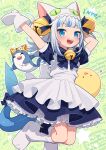  &gt;_&lt; 1girl :d alternate_costume animal_hat arms_up bell bloop_(gawr_gura) blue_eyes blue_hair commentary_request enmaided fish_tail gawr_gura hair_bell hair_ornament hat highres hololive hololive_english jingle_bell long_hair looking_at_viewer maid mittens multicolored_hair neck_bell puffy_short_sleeves puffy_sleeves shark_tail sharp_teeth short_sleeves smile solo streaked_hair tail teeth two-tone_hair uchako virtual_youtuber white_hair white_mittens xd 