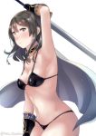  1girl 3: arm_up armpits bad_id bad_pixiv_id bangs bikini black_bikini blush breasts cape closed_mouth collarbone collarbone_visible_through_hair commentary_request eyebrows_visible_through_hair fantasy from_side furrowed_eyebrows gold_trim hair_between_eyes hair_ornament holding holding_sword holding_weapon juurouta kantai_collection left-handed lips long_hair looking_at_viewer looking_to_the_side medium_breasts oyashio_(kantai_collection) sideboob simple_background solo swimsuit sword twitter_username weapon white_background white_cape 