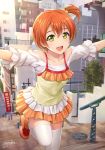  1girl :d artist_name birthday building camisole camisole_over_clothes commentary dated day hair_bobbles hair_ornament highres hoshizora_rin looking_at_viewer love_live! love_live!_school_idol_project open_mouth orange_footwear orange_hair orange_skirt outdoors outstretched_arms shamakho shoes short_hair short_ponytail short_sleeves skirt smile solo spread_arms stairs thigh-highs white_legwear yellow_eyes zettai_ryouiki 