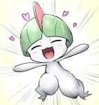  :3 arms_up blush closed_eyes emphasis_lines gen_3_pokemon green_hair happy heart jumping kashiwa_(3920kashiwa) no_humans open_mouth outstretched_arms pokemon pokemon_(creature) ralts short_hair simple_background smile solo sparkle spread_arms white_skin yellow_background 