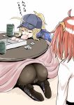  3girls ahoge artoria_pendragon_(all) ass blonde_hair commentary cup fate/grand_order fate_(series) food fujimaru_ritsuka_(female) hat jacket kotatsu multiple_girls mysterious_heroine_x mysterious_heroine_x_(alter) orange_hair ponkotsu ponytail side_ponytail table translated 