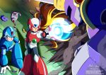  3boys absurdres android arm_cannon armor blonde_hair blue_eyes clenched_hand commentary damaged dated green_eyes hand_on_floor helmet highres innovator123 kneeling long_hair male_focus multiple_boys one_eye_closed robot rockman rockman_x signature smoke standing vava watermark weapon web_address x_(rockman) zero_(rockman) 