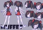  1girl absurdres barefoot black_hair black_shirt character_name closed_eyes commentary_request expressions extra_arms extra_eyes fang fangs fukutchi hand_on_hip hands_on_hips highres horn insect_girl kneepits legs long_hair monster_girl muffet one_eye_closed open_mouth pale_skin pout red_skirt shirt skirt sleeveless sleeveless_shirt smile solo spider_girl toes two_side_up undertale violet_eyes 