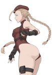  1girl belt blue_eyes braid breasts cammy_white cheshirrr fingerless_gloves from_side gloves hat highleg highleg_leotard highres leotard long_hair looking_at_viewer red_leotard shoulder_armor simple_background solo street_fighter thigh_strap twin_braids very_long_hair white_background 