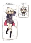  2girls ahoge bell black_legwear blonde_hair cape dakimakura_(object) fate/grand_order fate_(series) frown helmet jacket jeanne_d&#039;arc_(alter)_(fate) jeanne_d&#039;arc_(fate)_(all) jeanne_d&#039;arc_alter_santa_lily kneehighs looking_at_viewer multiple_girls nabenko pillow translated wicked_dragon_witch_ver._shinjuku_1999 yellow_eyes 