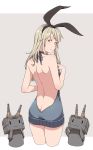 1girl ass back backless_dress backless_outfit bare_back blonde_hair butt_crack cheshirrr closed_mouth dress from_behind grey_background grey_eyes grey_sweater hair_ornament hair_ribbon hairband highres kantai_collection long_hair looking_at_viewer looking_back meme_attire naked_sweater rensouhou-chan ribbon shimakaze_(kantai_collection) sweater sweater_dress virgin_killer_sweater 