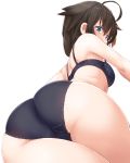  1girl ahoge ass bangs black_bra black_panties blue_eyes blush bra brown_hair dd_(ijigendd) eyebrows_visible_through_hair from_behind hair_between_eyes hair_flaps hair_ornament hair_over_shoulder highres kantai_collection looking_at_viewer looking_back panties polka_dot polka_dot_bra remodel_(kantai_collection) shigure_(kantai_collection) simple_background solo underwear underwear_only white_background 