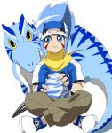  1boy blue_eyes blue_gloves blue_hair blue_headwear dinosaur dinosaur_king egg facial_mark fingerless_gloves gloves hydelovedaze looking_at_viewer nopis pants scarf shirt sidelocks simple_background sitting spiky_hair t-shirt white_background yellow_eyes yellow_scarf younger 